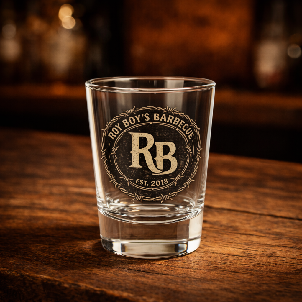 Roy Boy's Barbecue RB Logo Shot Glass — 1.5oz Branded Barware