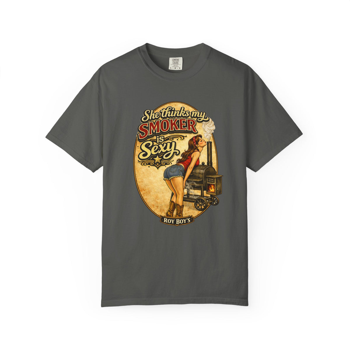 BBQ Smoker Pin-Up T-Shirt — "She Thinks My Smoker Is Sexy" Vintage Barbecue Tee