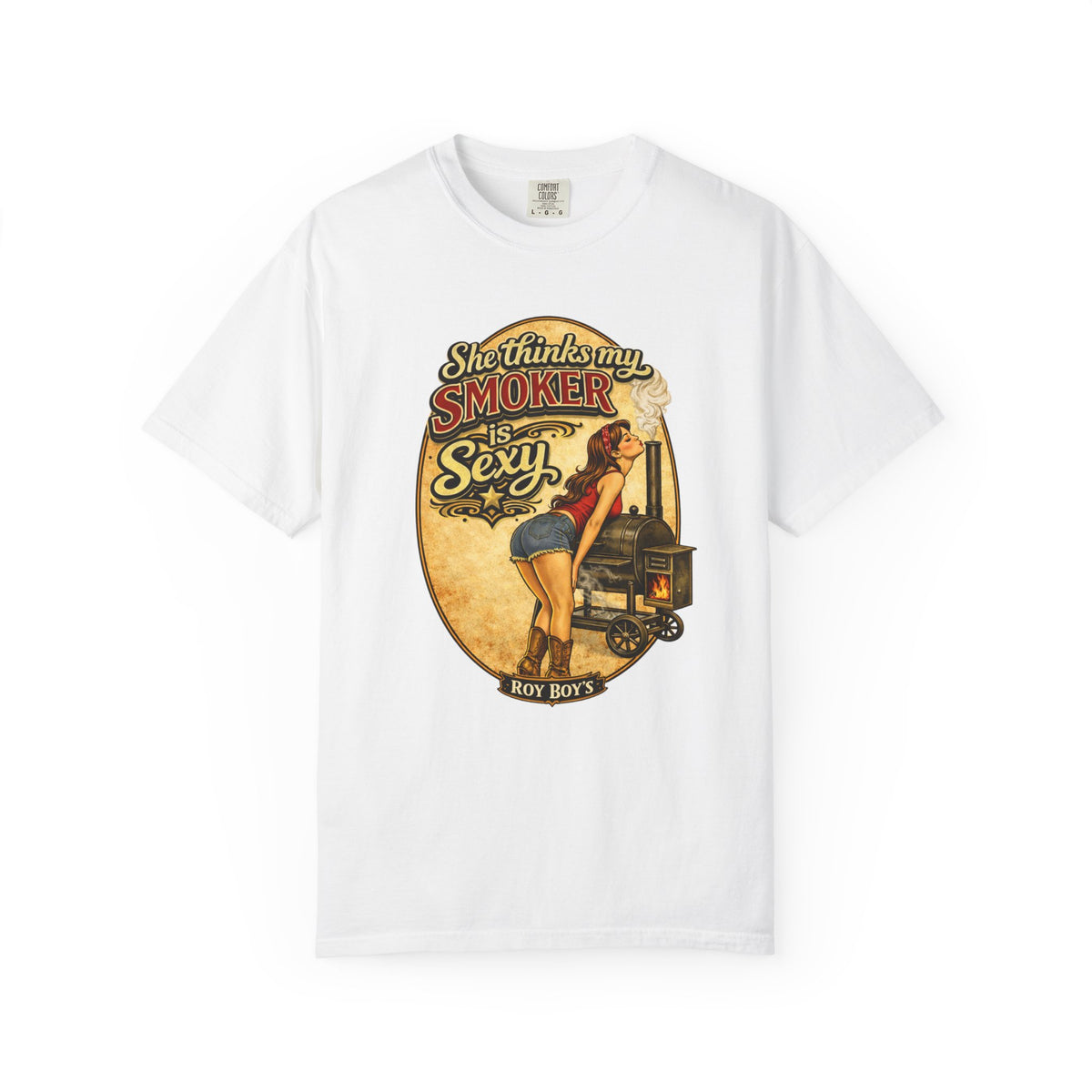 BBQ Smoker Pin-Up T-Shirt — "She Thinks My Smoker Is Sexy" Vintage Barbecue Tee