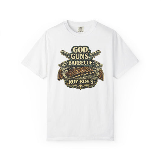 God, Guns, Barbecue T-Shirt — Roy Boy’s Barbecue Graphic Tee